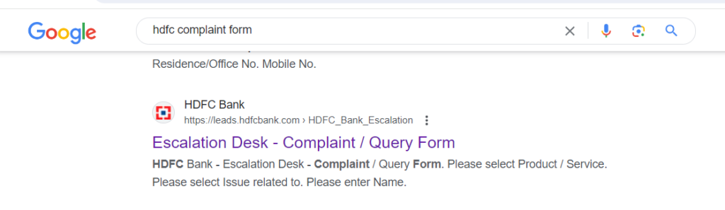HDFC Bank Online Complaint